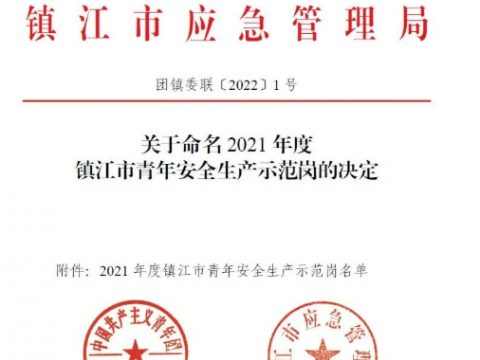 喜报！这个青年集体荣获“2021年度镇江市青年安全生产示范岗”荣誉称号
